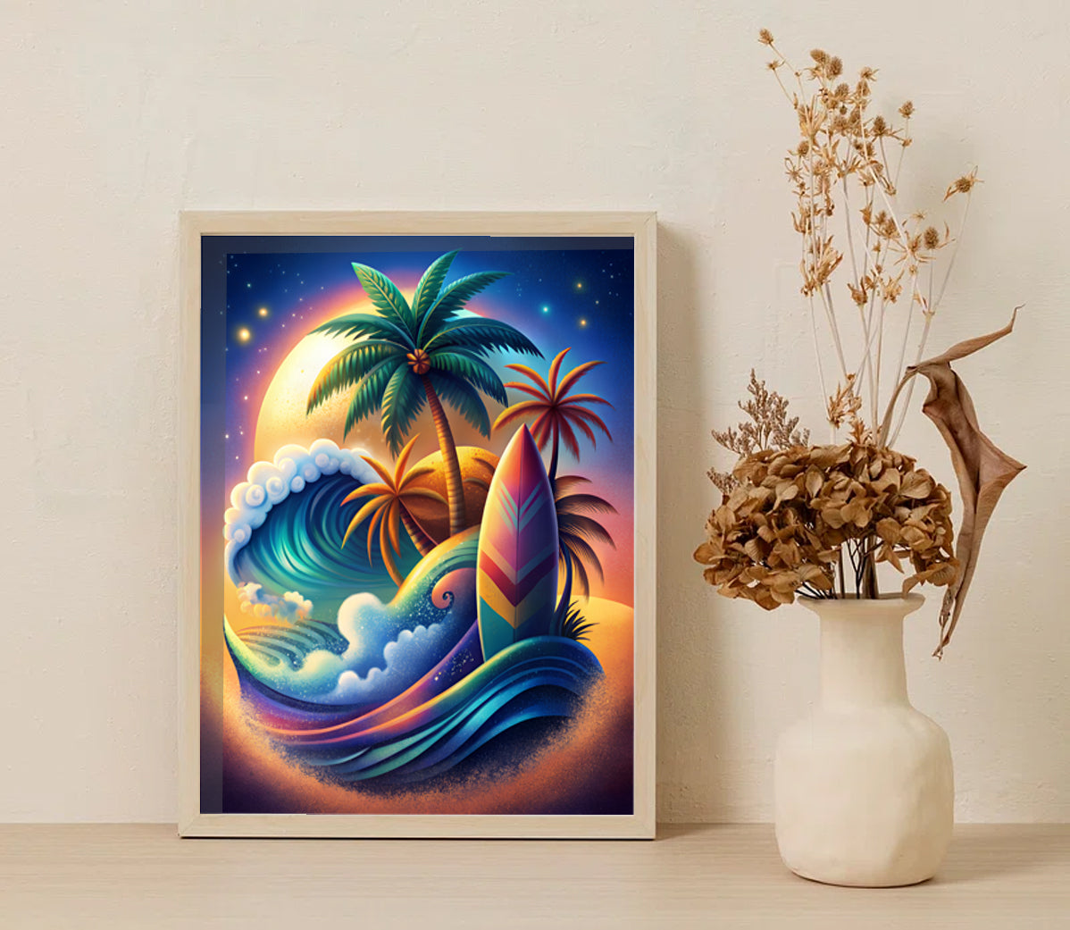 Lost in Paradise, Tropical Themed Digital Art Print, Surfboard & Palm Trees, Ocean Wave, Sunset Wall Art, Printable Coastal Decor, Digital Download