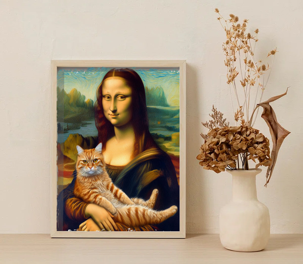 Mona Lisa With Orange Cat, Digital Art Print, Whimsical Wall Art, AI Generated, Classic Art Parody, Digital Download, Printable Home Decor