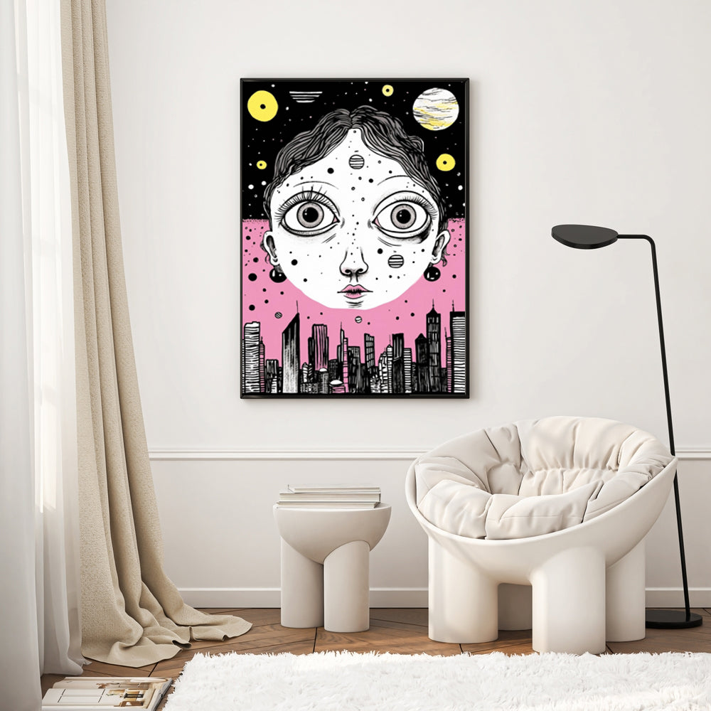 Pop Culture Urban Portrait Art Print, Modern Cityscape Drawing, Contemporary Wall Art, Digital Download, Unique Home Decor, Printable Art