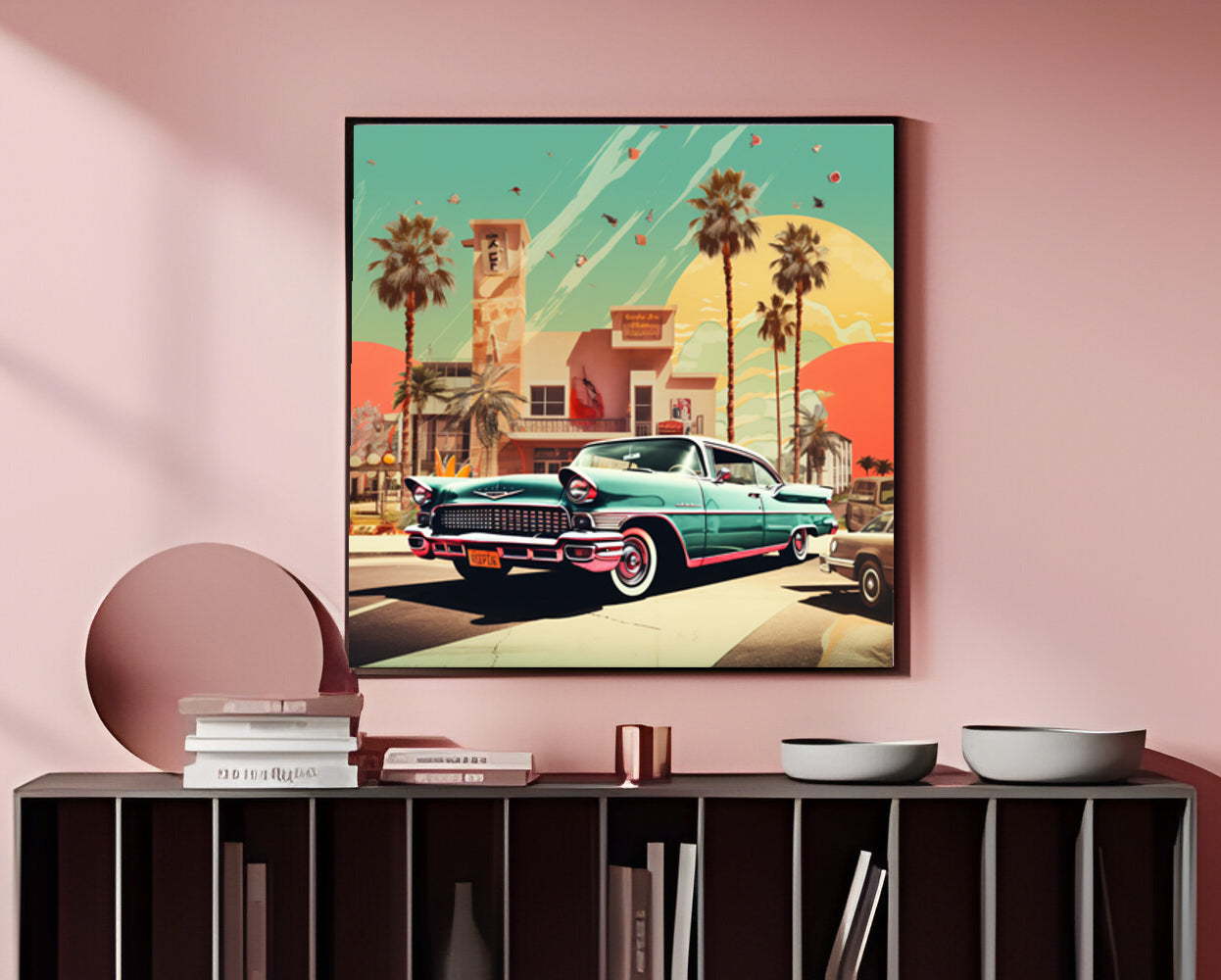 Retro Cadillac Art Print, Vintage Car Poster, Mid-Century Modern, Digital Download, Palm Springs Vibes, Printable Wall Art