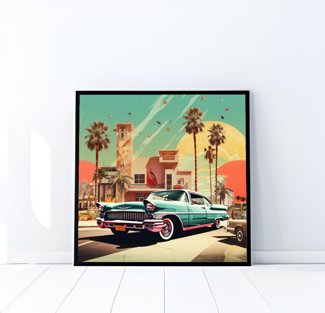 Retro Cadillac Art Print, Vintage Car Poster, Mid-Century Modern, Digital Download, Palm Springs Vibes, Printable Wall Art