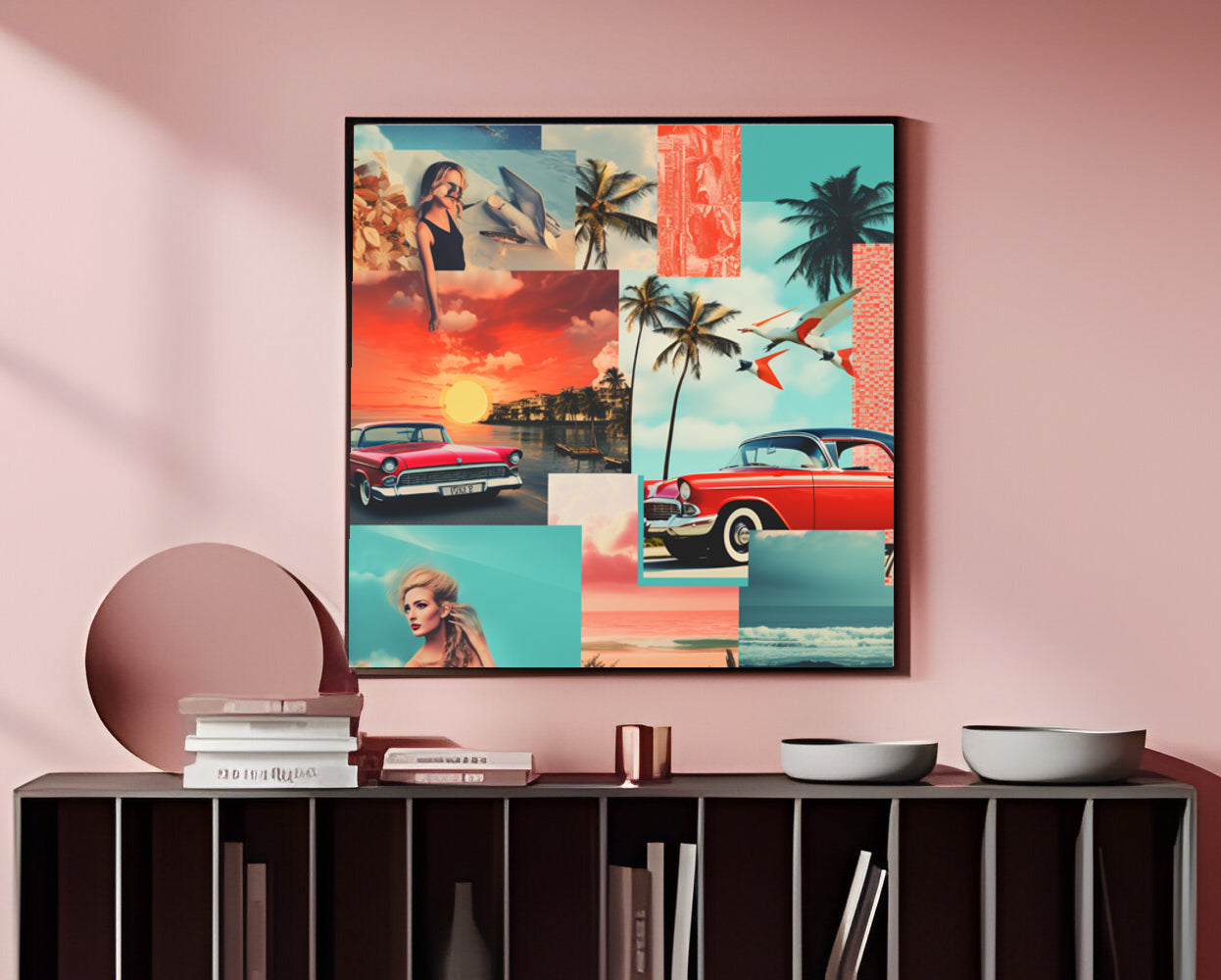 Tropical Escape Collage Art Print, Retro Beach Poster, Vintage Car Art, Digital Download, Mid-Century Modern, Printable Wall Art