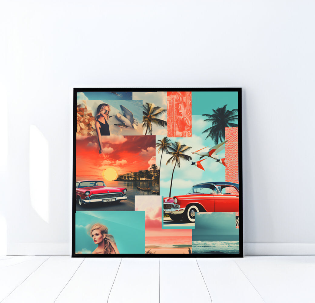 Tropical Escape Collage Art Print, Retro Beach Poster, Vintage Car Art, Digital Download, Mid-Century Modern, Printable Wall Art