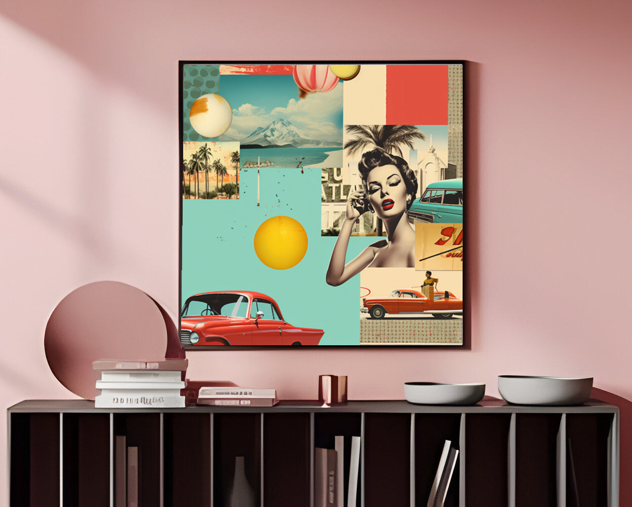 Retro Glamour Collage Art Print, Vintage Hollywood Poster, Mid-Century Modern, Digital Download, Classic Car Art, Printable Wall Art