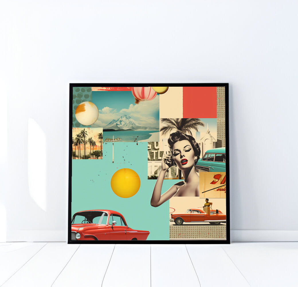 Retro Glamour Collage Art Print, Vintage Hollywood Poster, Mid-Century Modern, Digital Download, Classic Car Art, Printable Wall Art