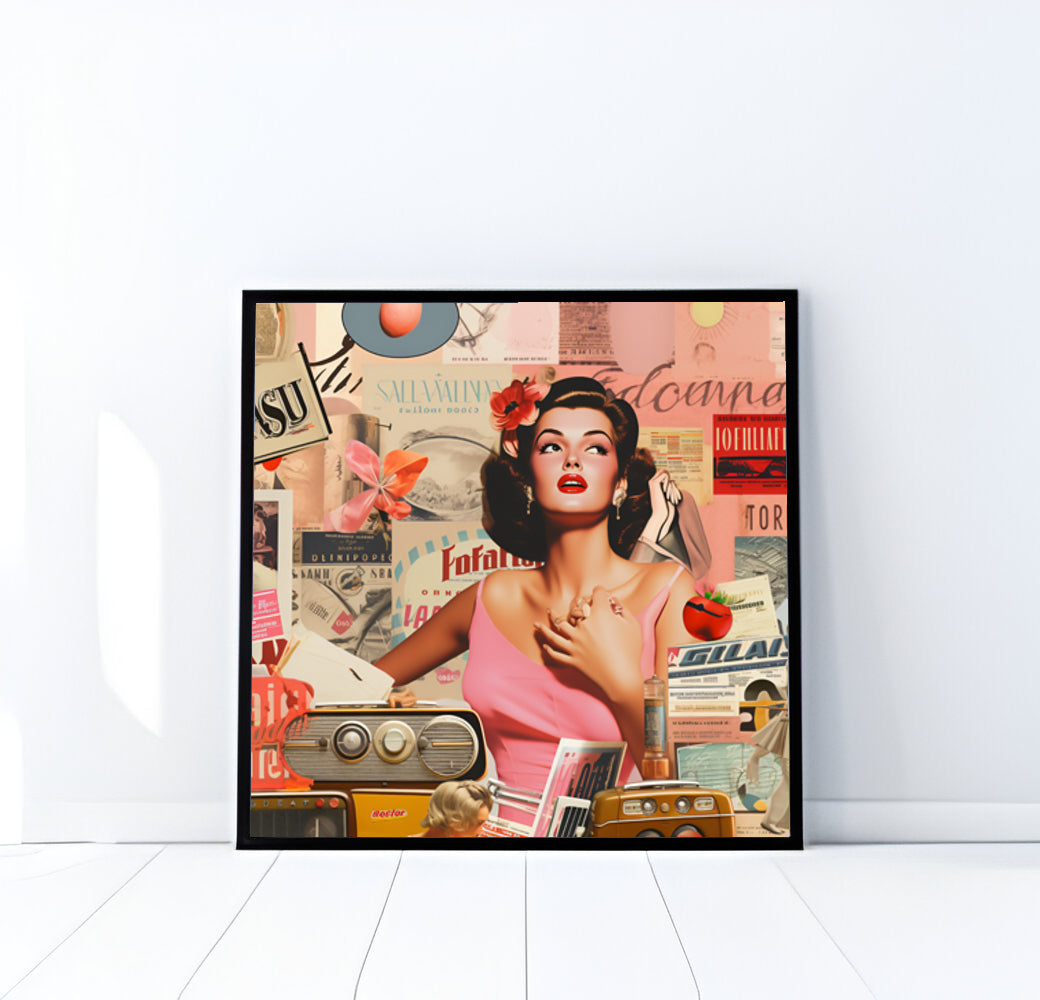 Vintage Pin-Up Collage Art Print, Retro Glamour Poster, Mid-Century Modern, Digital Download, Classic Beauty, Printable Wall Art